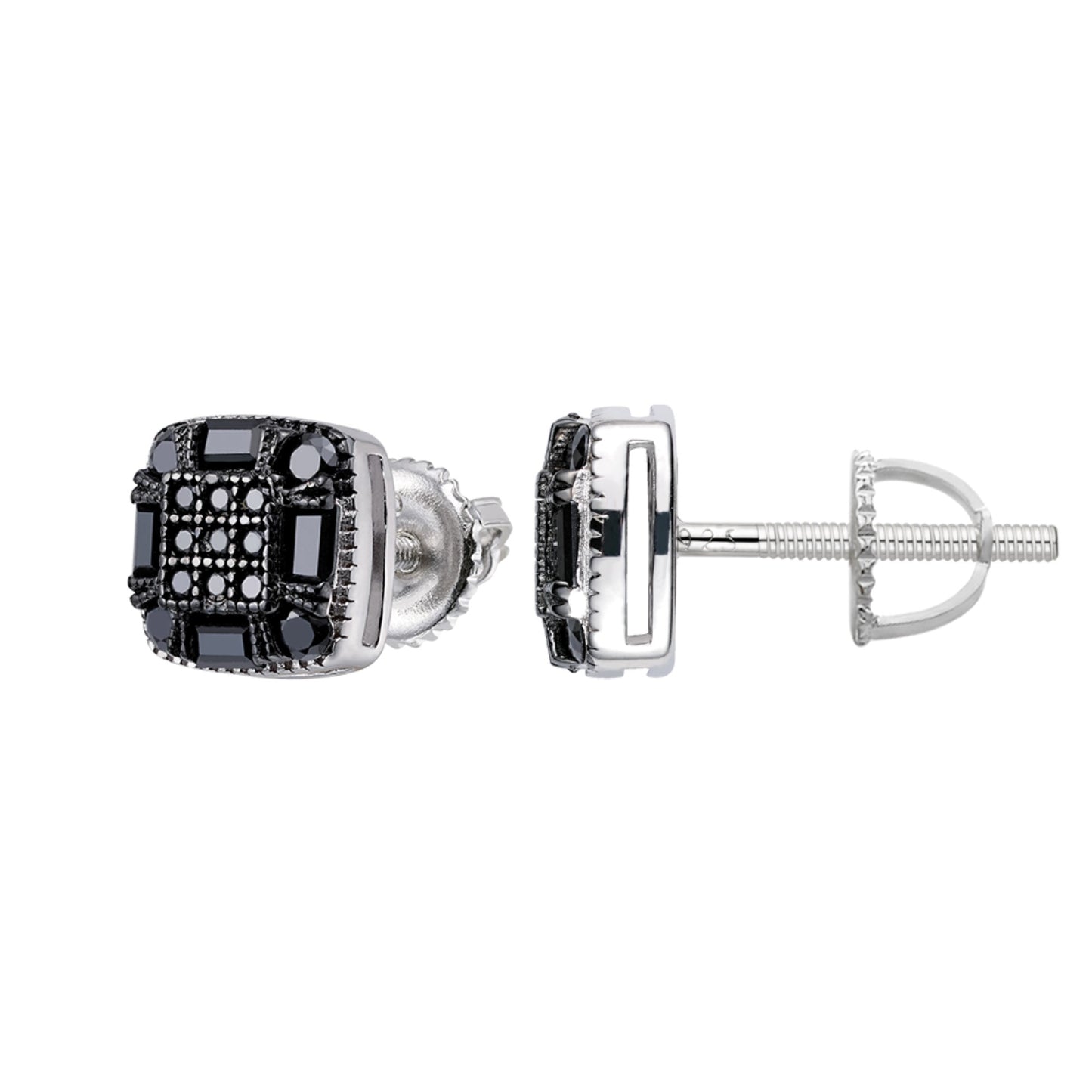S.Silver Round Baguette Black Moissanite Square Shape Stud Earrings BP+RP 3/4 Cttw