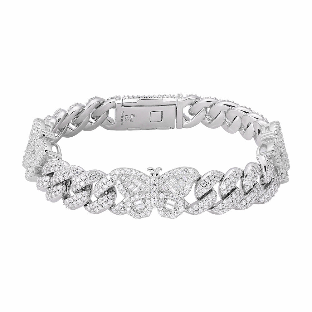 S.Silver Round Baguette Moissanite Butterfly Designer 7 Inch Bracelet RP 5-3/4 Cttw