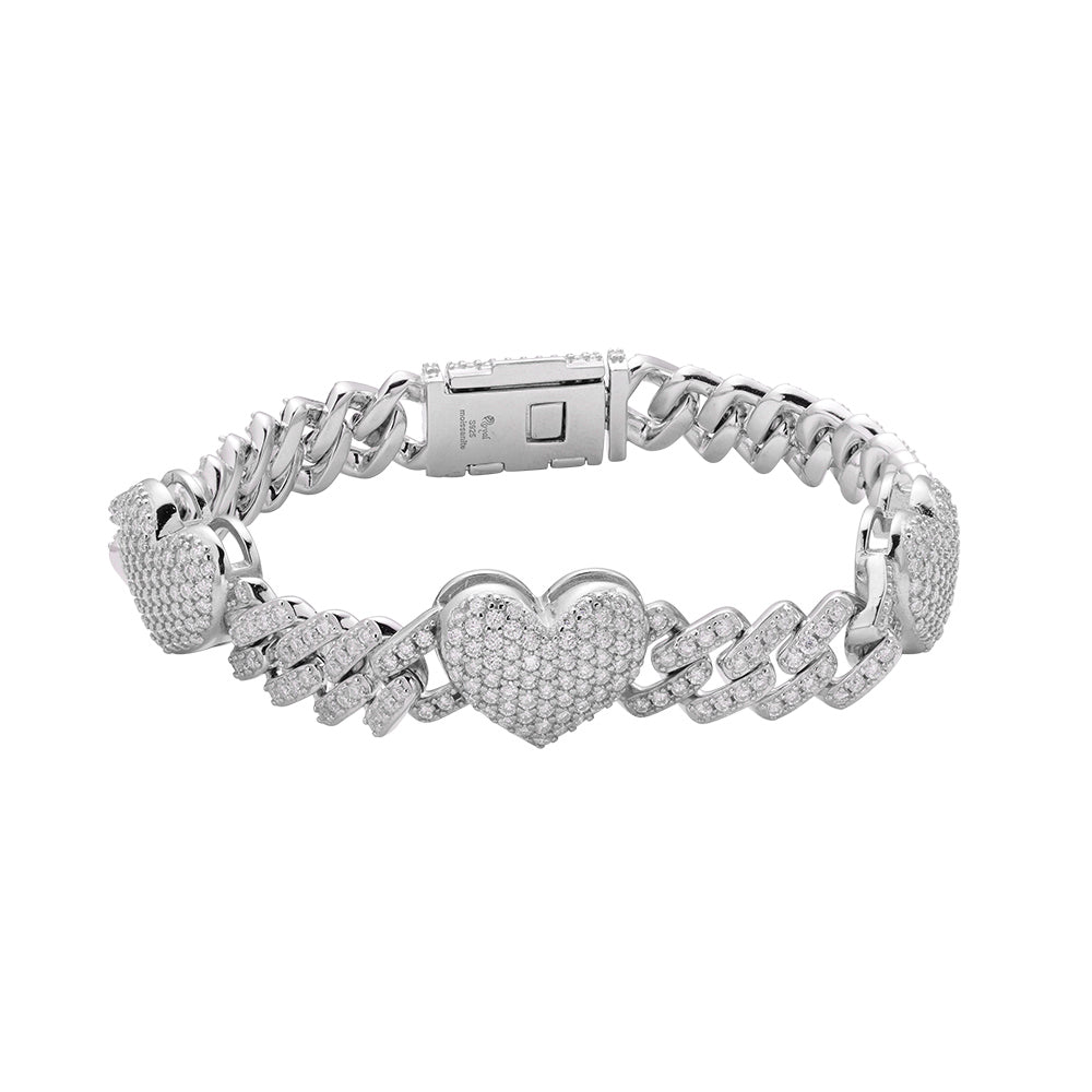 S.Silver Round Moissanite Cuban Heart Link Designer 7.5 Inch Bracelet RP 5-5/8 Cttw