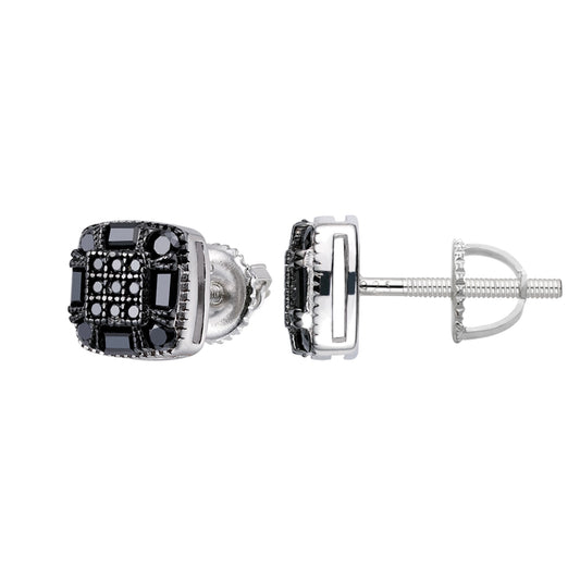 S.Silver Round Baguette Black Moissanite Square Shape Stud Earrings BP+RP 3/4 Cttw