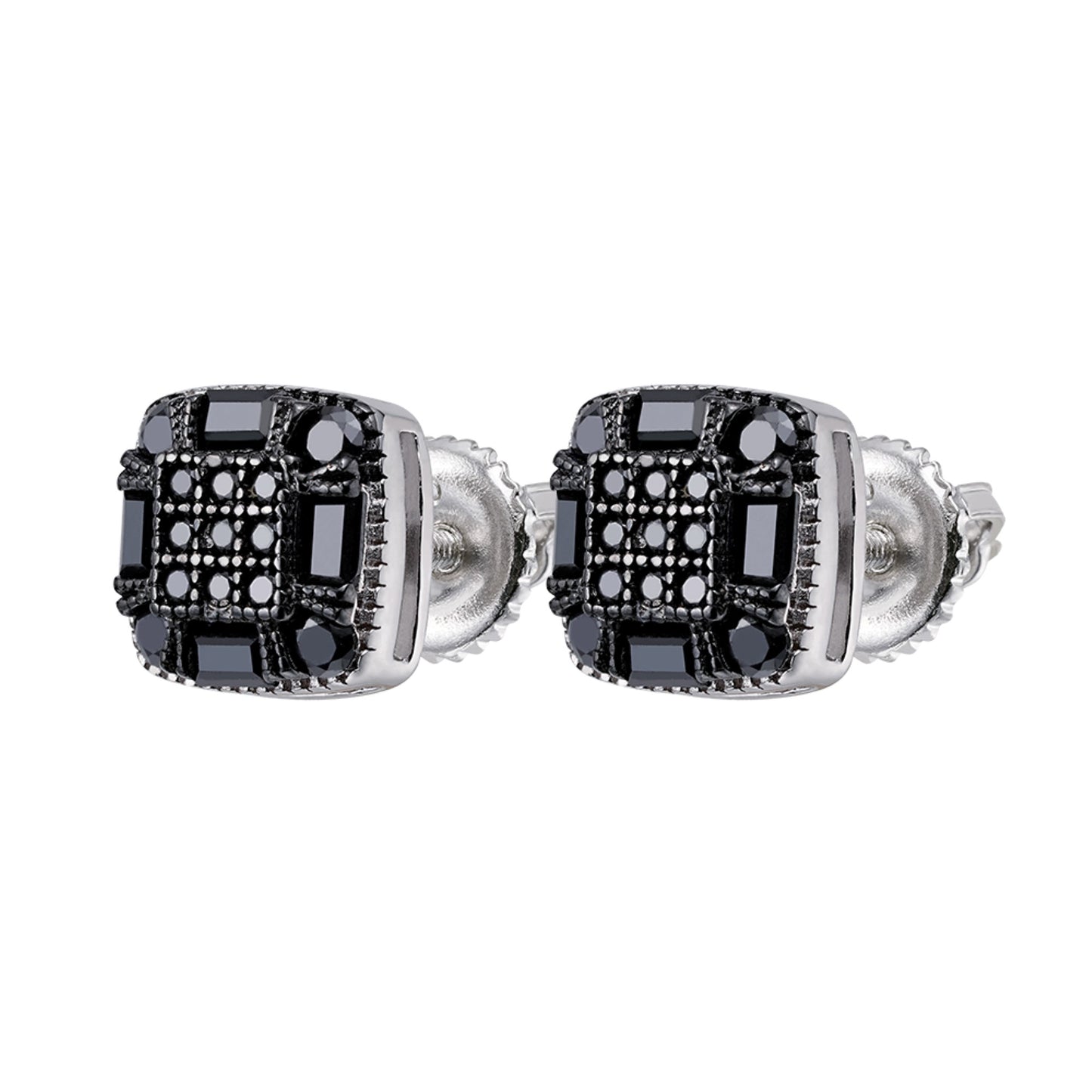 S.Silver Round Baguette Black Moissanite Square Shape Stud Earrings BP+RP 3/4 Cttw